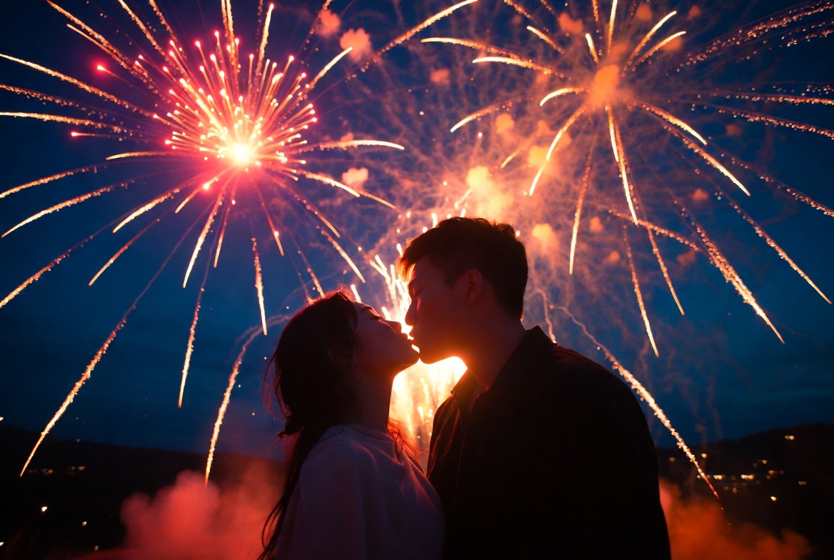 Couple kissing silhouetted against fireworks Couple kissing silhouetted against fireworks