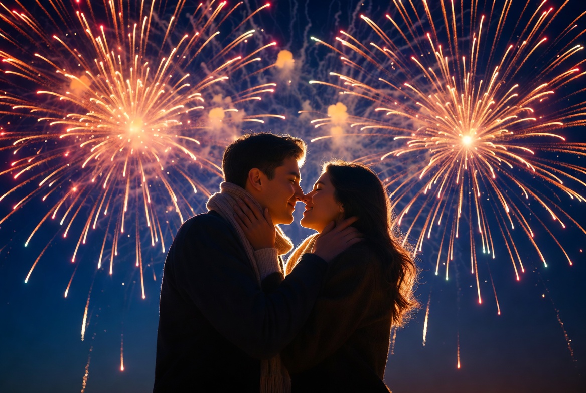 Asian couple kissing amid fireworks Asian couple kissing amid fireworks