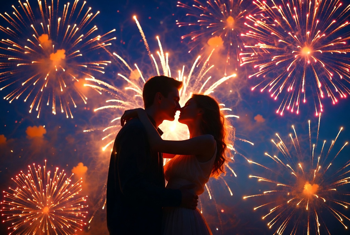 Silhouette couple kissing amid fireworks Silhouette couple kissing amid fireworks