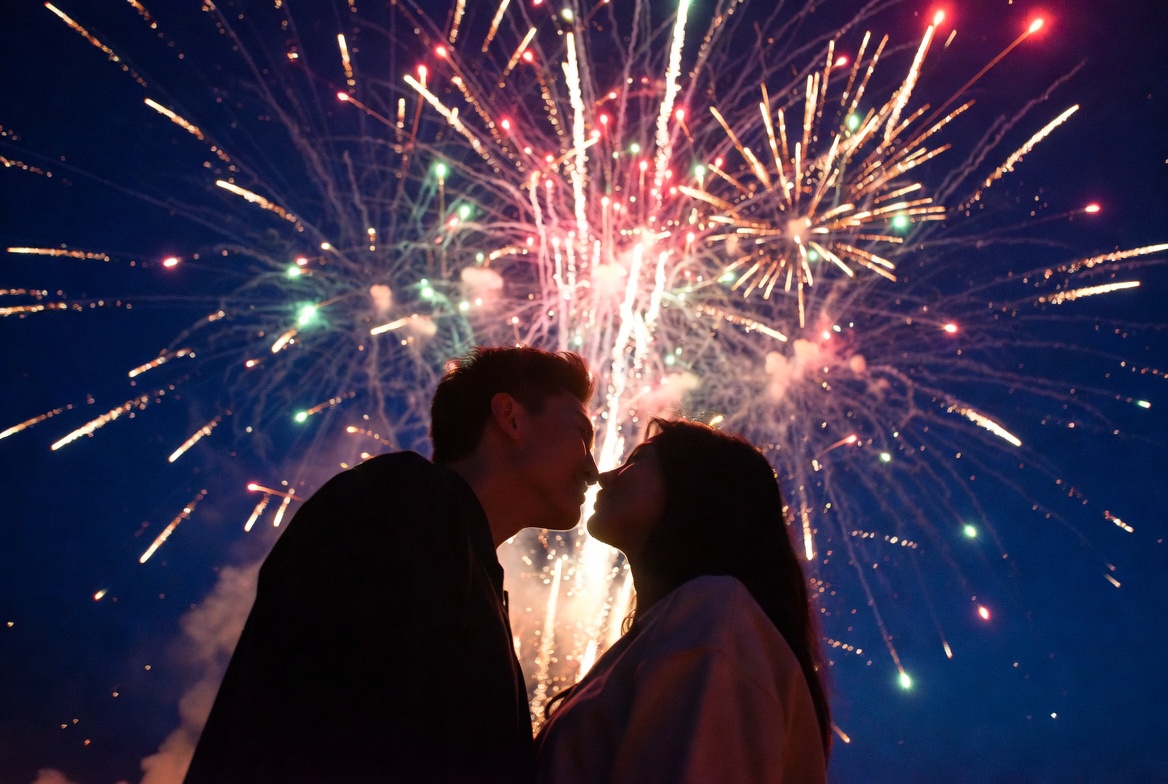 Silhouette couple kissing amid fireworks Silhouette couple kissing amid fireworks