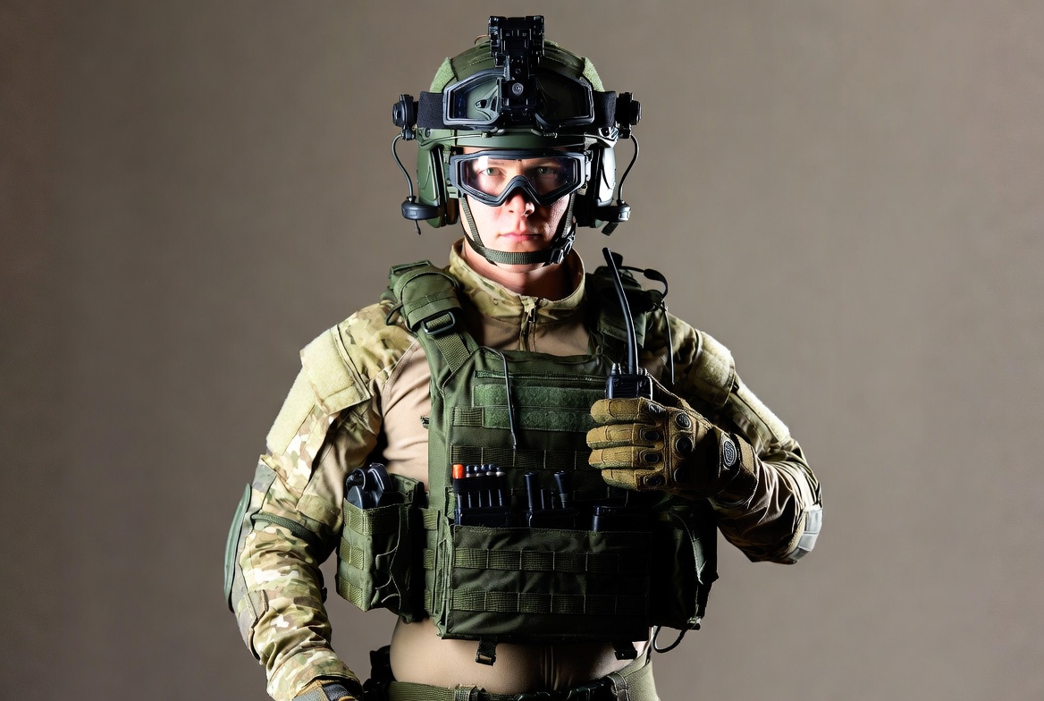 Soldier in tactical gear with radio Soldier in tactical gear with radio