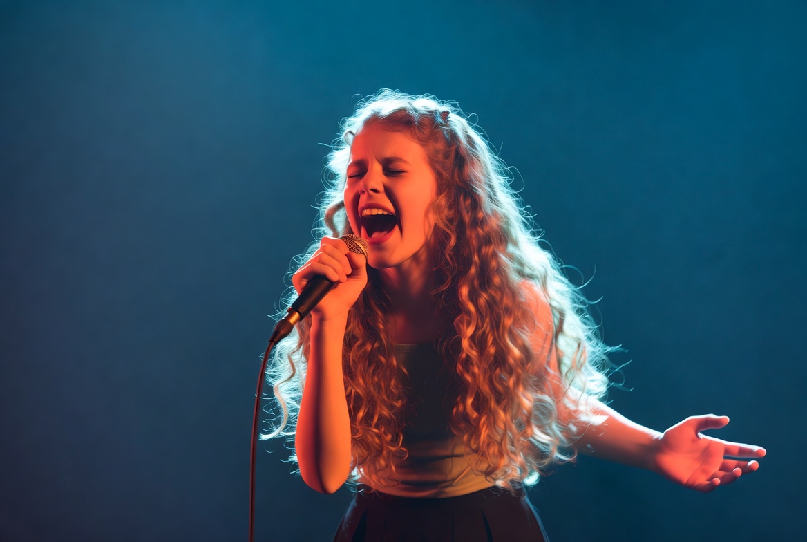 Young woman singing with microphone Young woman singing with microphone
