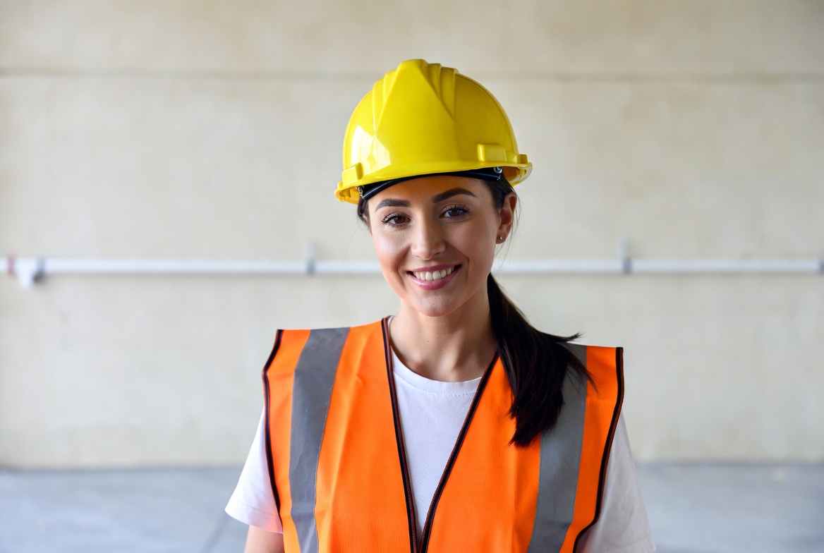 Female construction worker in hard hat Female construction worker in hard hat
