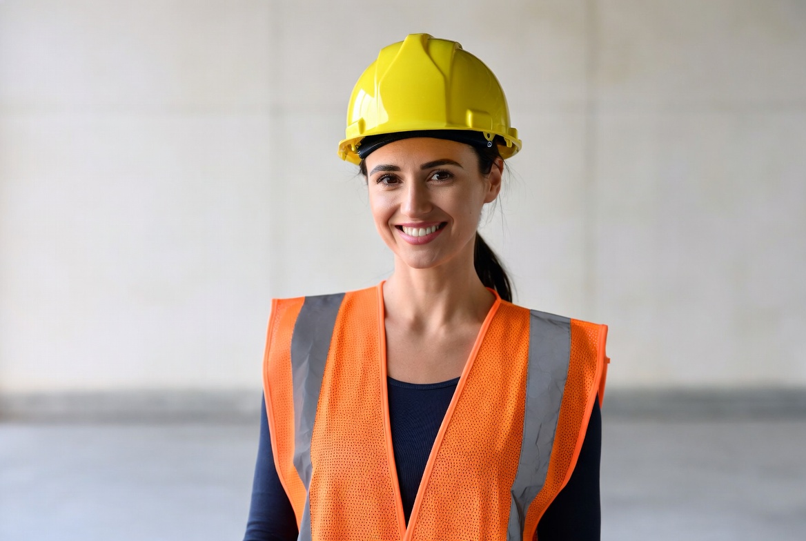 Smiling woman in yellow hard hat and vest Smiling woman in yellow hard hat and vest