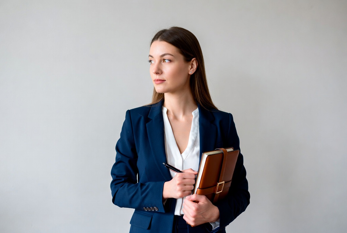 Woman in navy blazer holding notebook Woman in navy blazer holding notebook