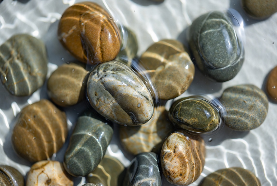 Wet colorful pebbles on shallow water Wet colorful pebbles on shallow water