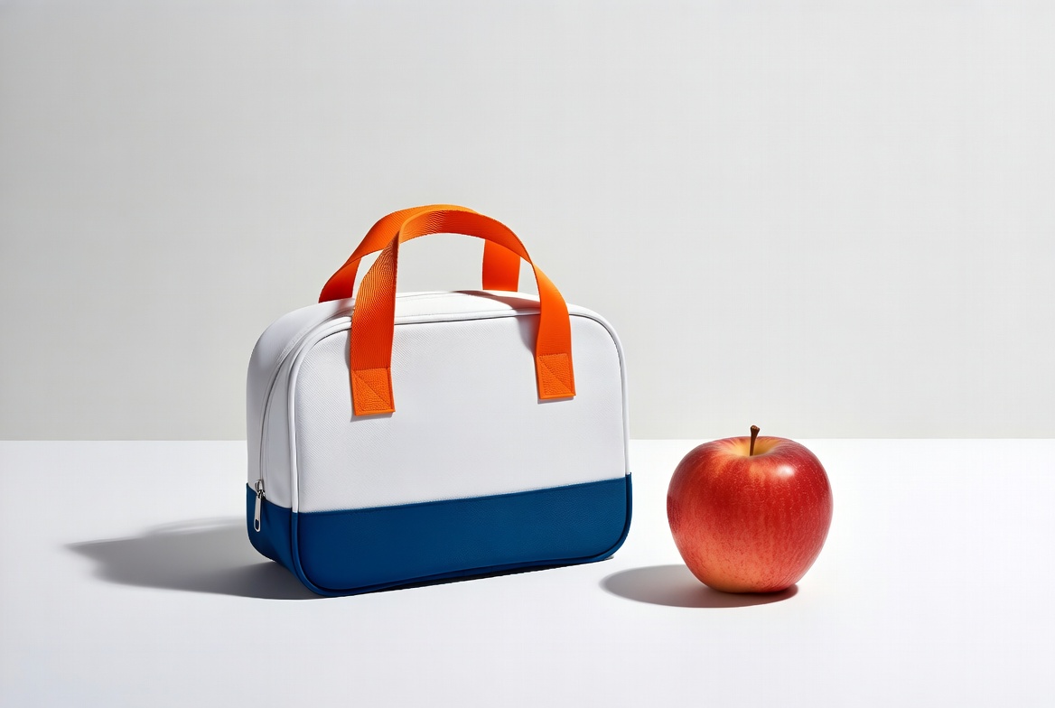 White lunch bag with red apple White lunch bag with red apple