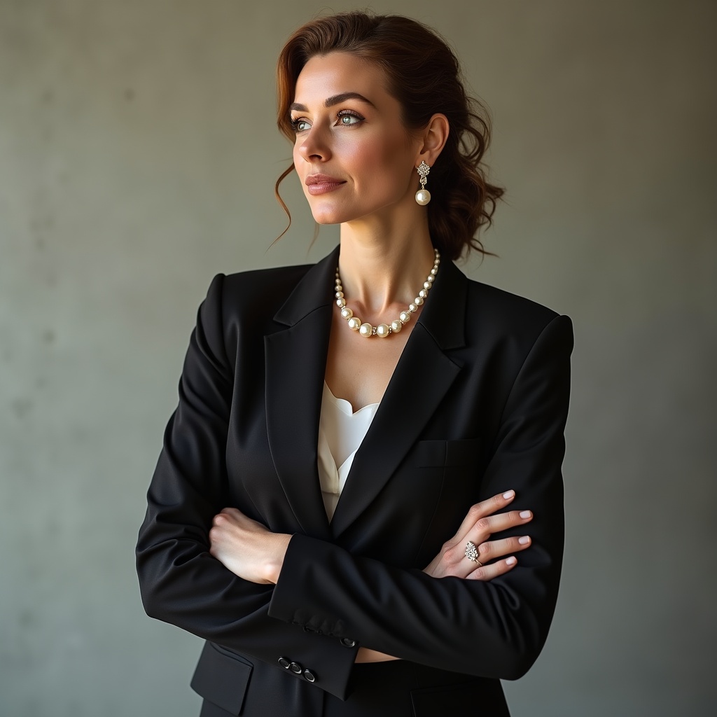 Elegant woman in black blazer arms crossed Elegant woman in black blazer arms crossed