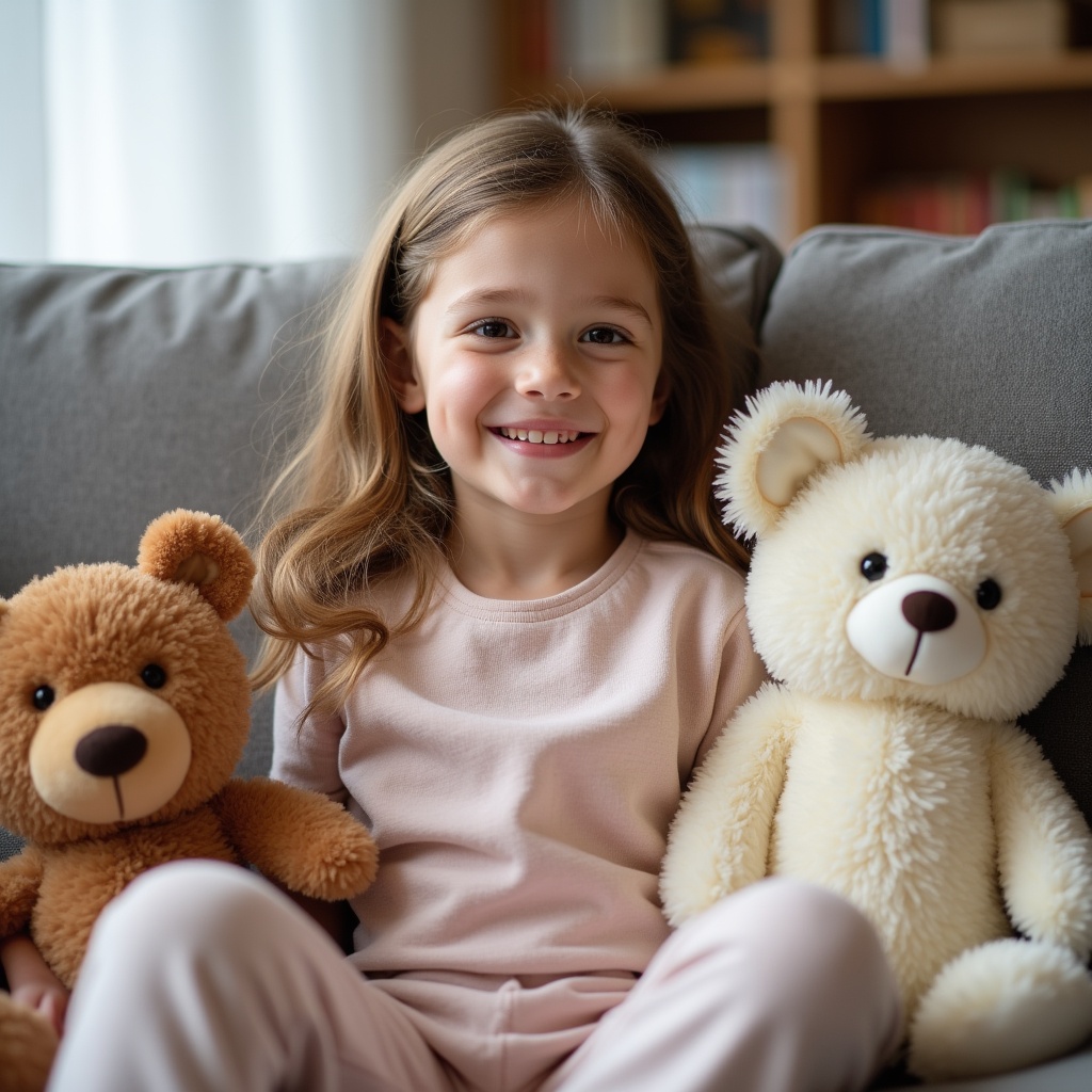 Girl hugging teddy bears on couch Girl hugging teddy bears on couch
