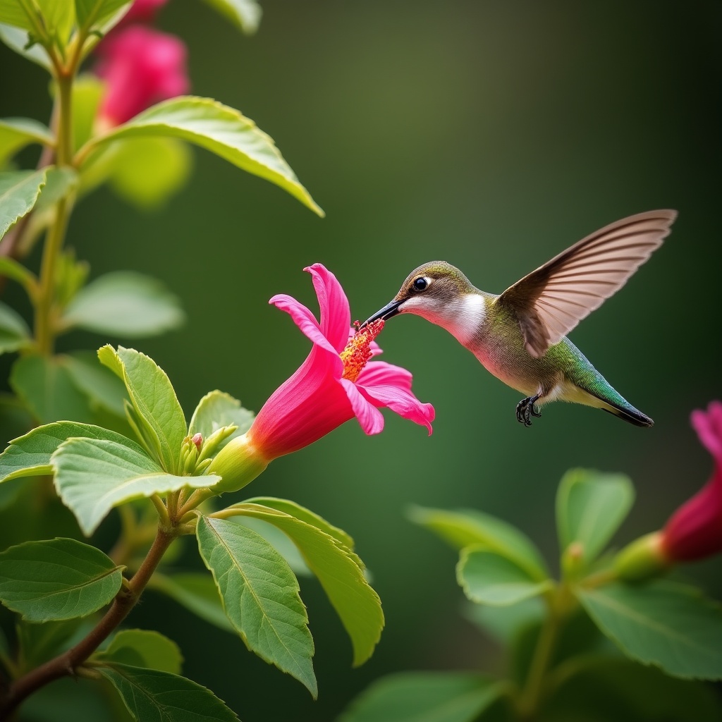 Hummingbird feeding on pink flower Hummingbird feeding on pink flower