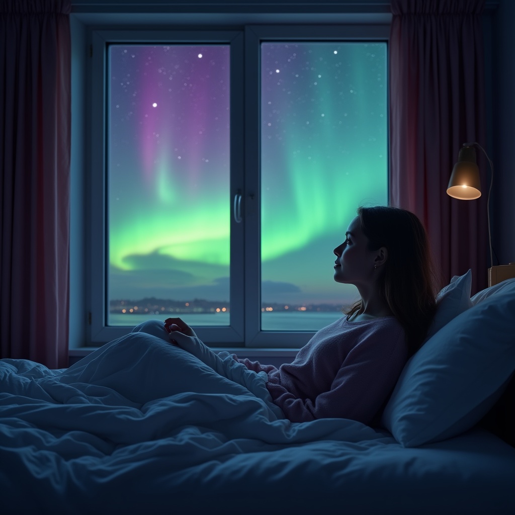 Woman watching northern lights from bed Woman watching northern lights from bed