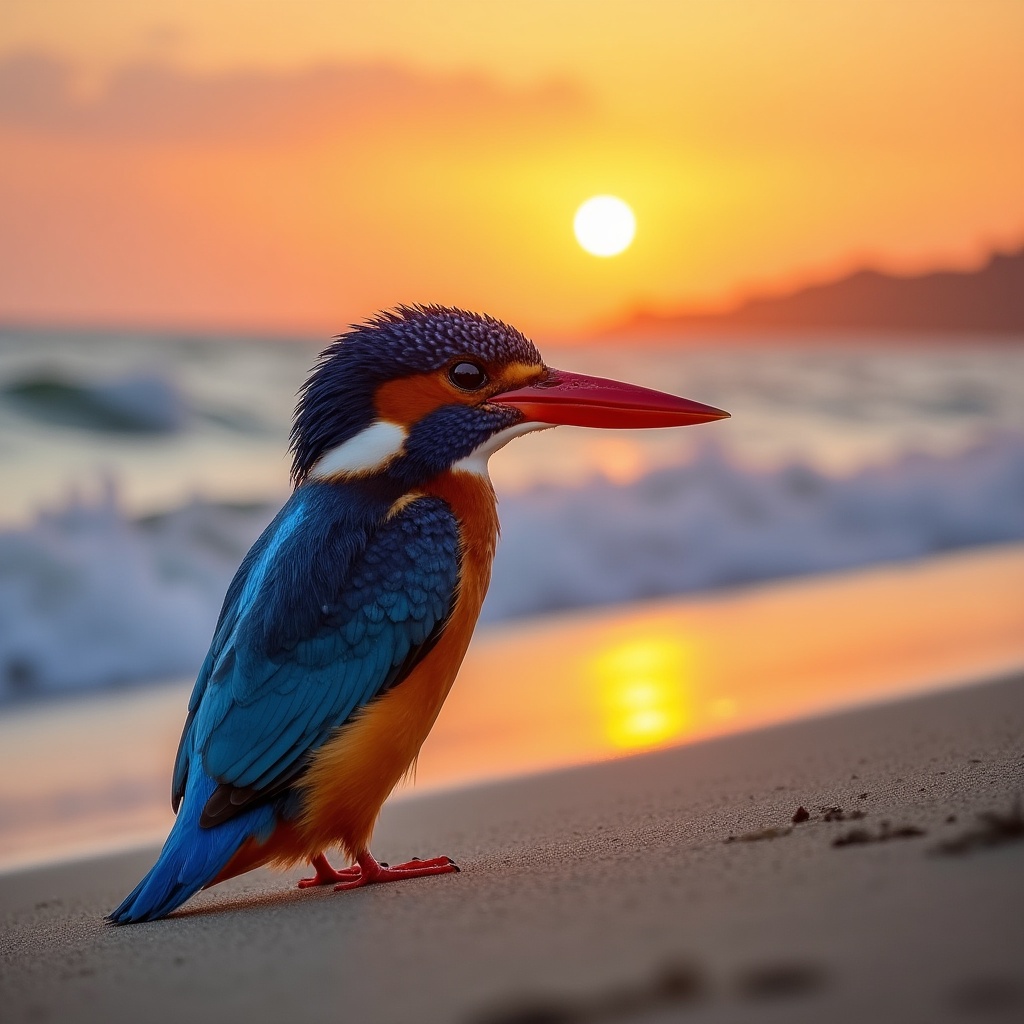 Kingfisher on beach at sunset Kingfisher on beach at sunset