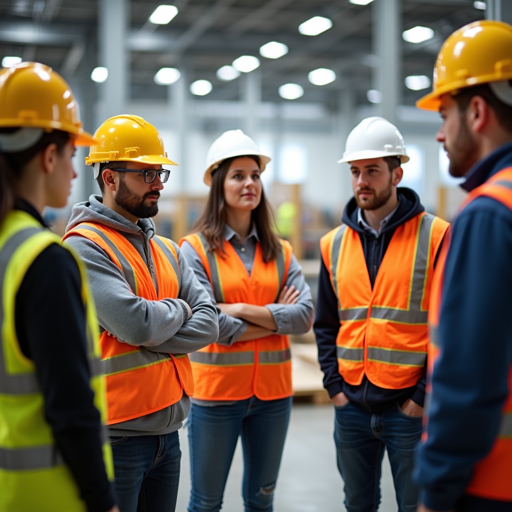 Construction workers discussing in warehouse Construction workers discussing in warehouse