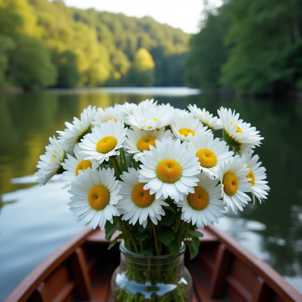 Daisies in Jar on Wooden Boat Daisies in Jar on Wooden Boat