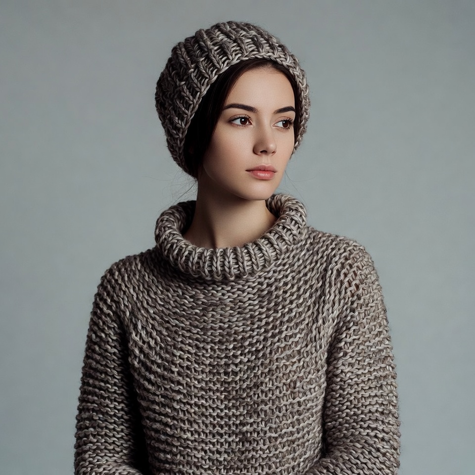 Woman in knit beanie and turtleneck sweater Woman in knit beanie and turtleneck sweater