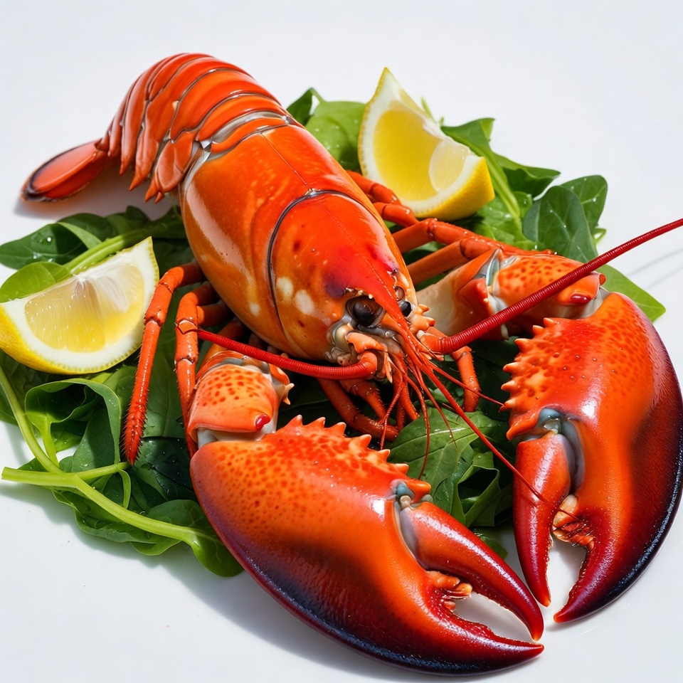 Red Lobster on Lemon Spinach Leaves Red Lobster on Lemon Spinach Leaves