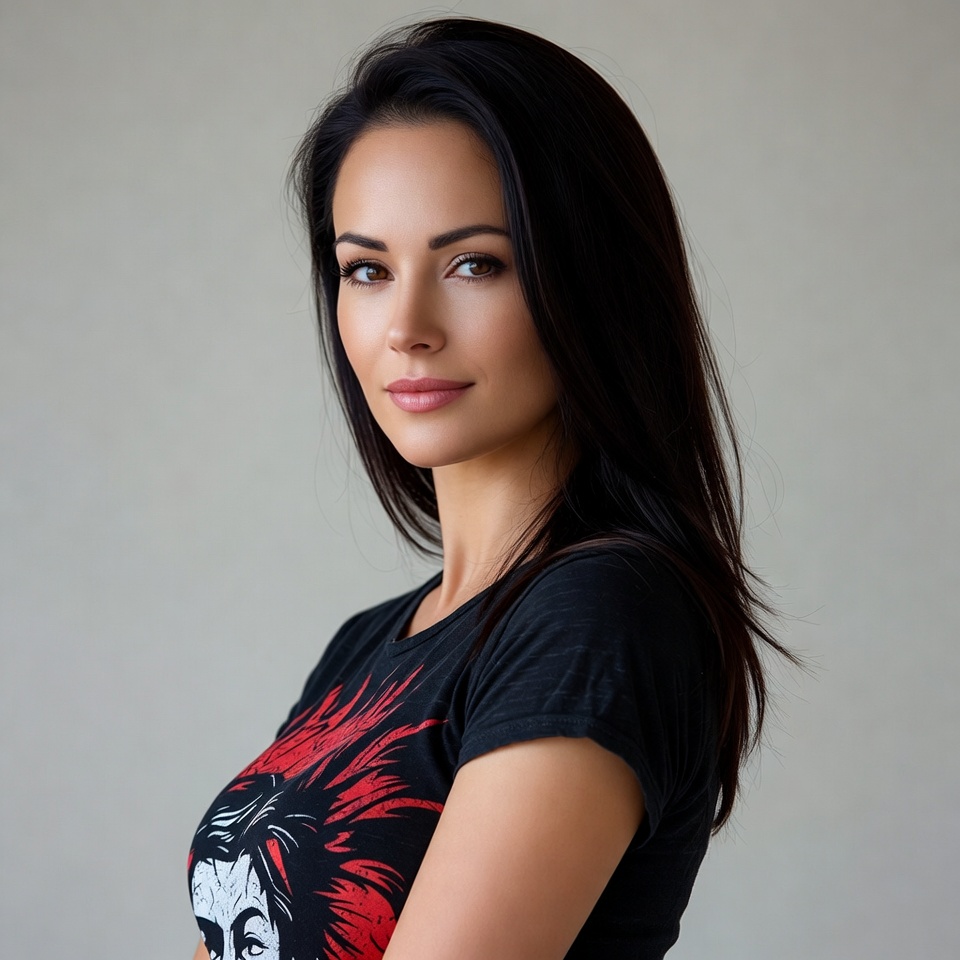 Woman in black Native American print t-shirt Woman in black Native American print t-shirt