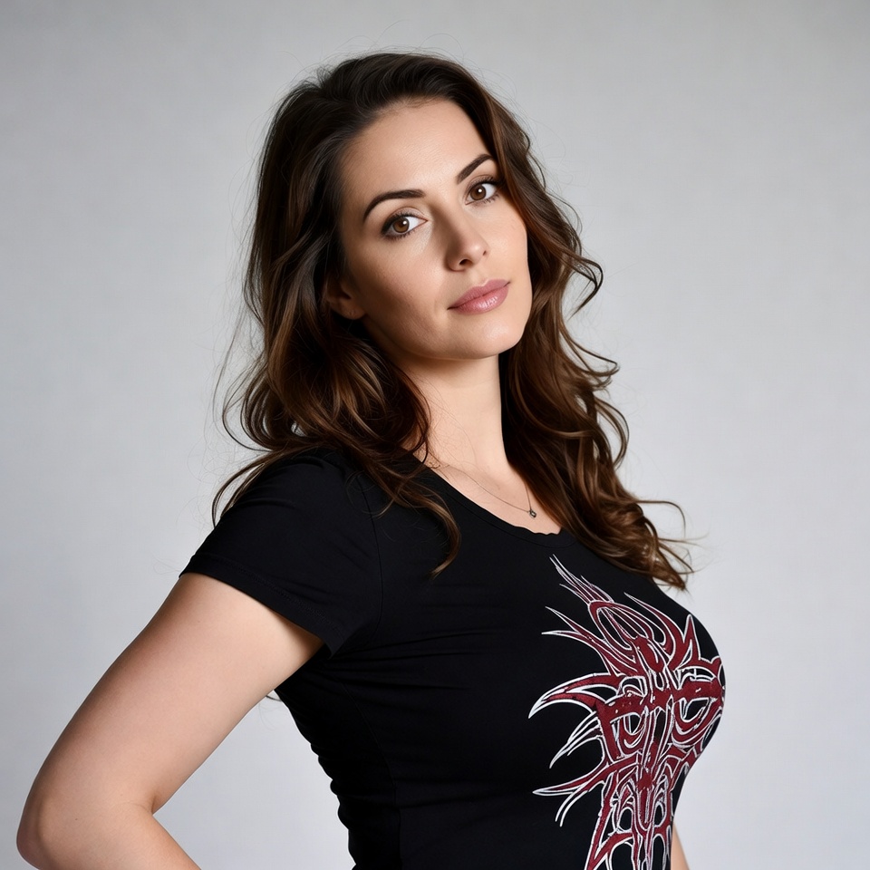 Woman in black tribal print t-shirt Woman in black tribal print t-shirt