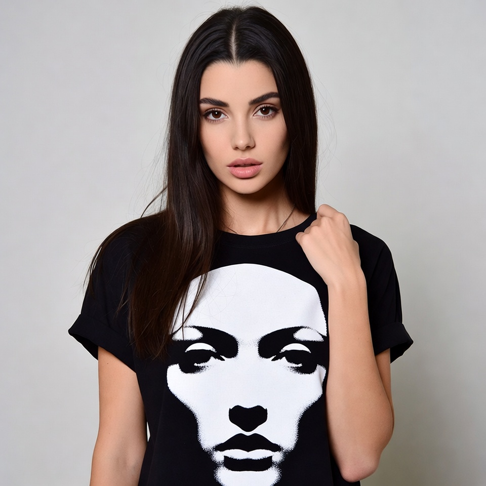 Woman wearing black face print t-shirt Woman wearing black face print t-shirt