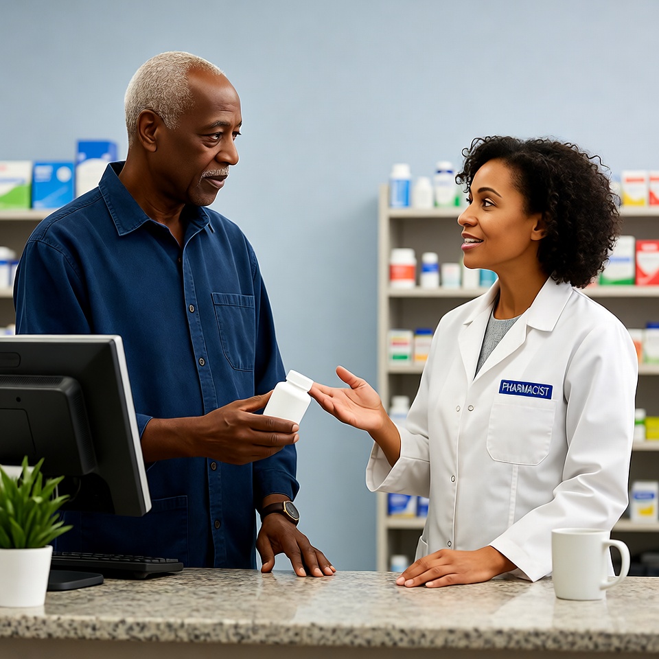 Elderly man consulting black female pharmacist Elderly man consulting black female pharmacist