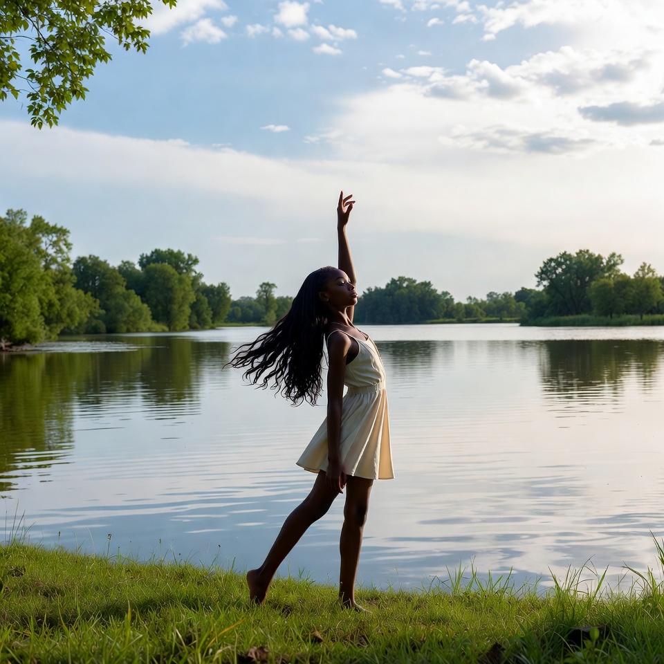 Black girl dancing by lake Black girl dancing by lake