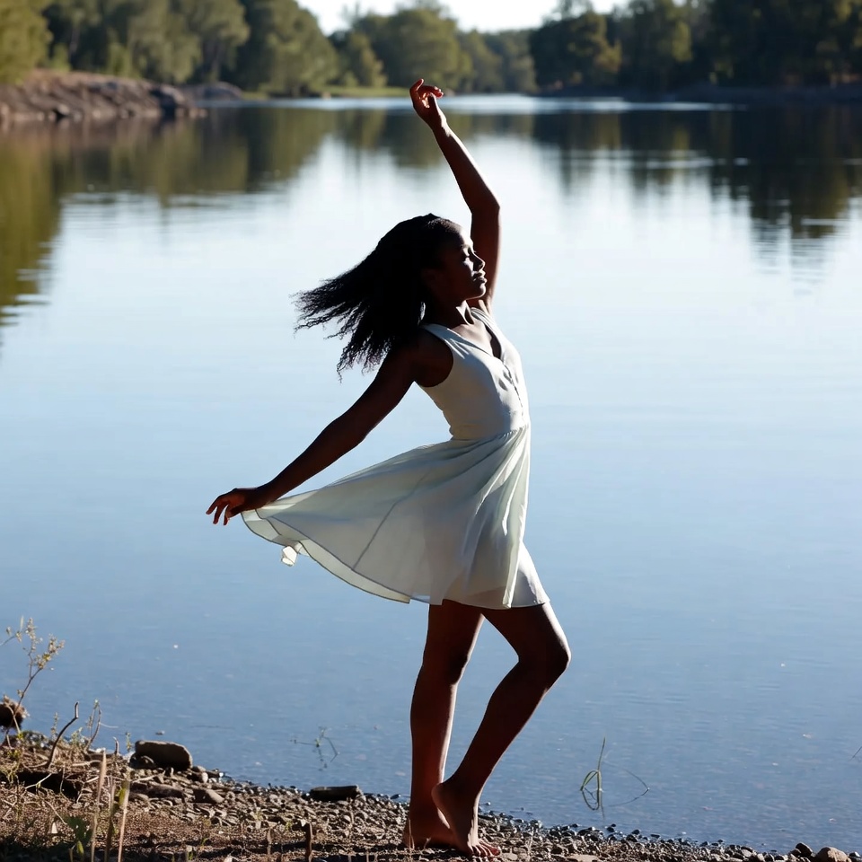 Black woman dancing by river Black woman dancing by river