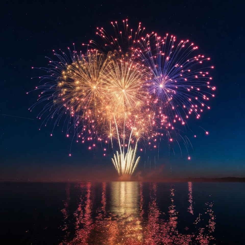 Colorful Fireworks over Lake at Night Colorful Fireworks over Lake at Night