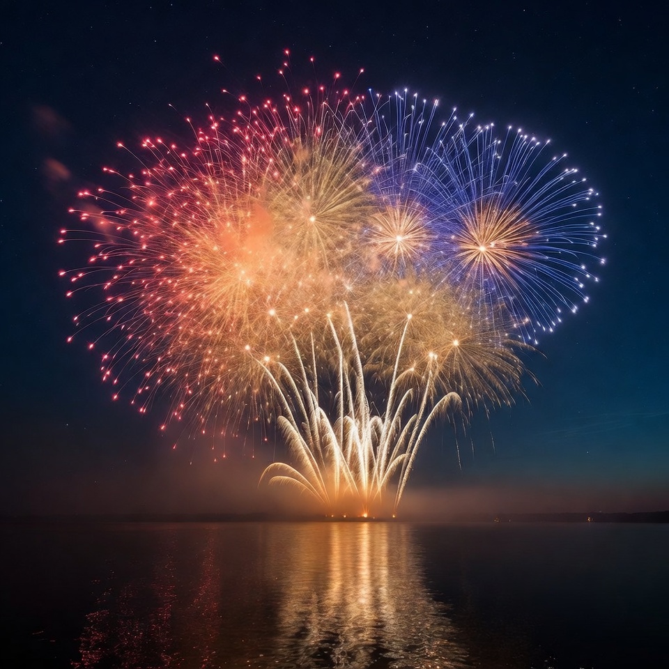 Colorful Fireworks over Lake at Night Colorful Fireworks over Lake at Night