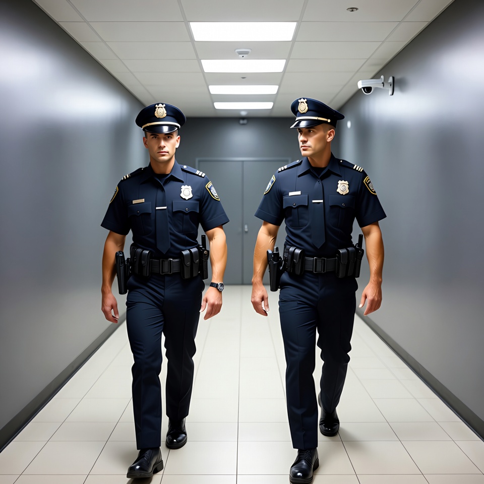 Two male police officers walking corridor Two male police officers walking corridor