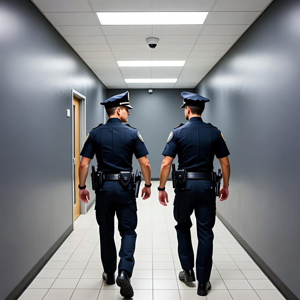 Two police officers walking down corridor Two police officers walking down corridor