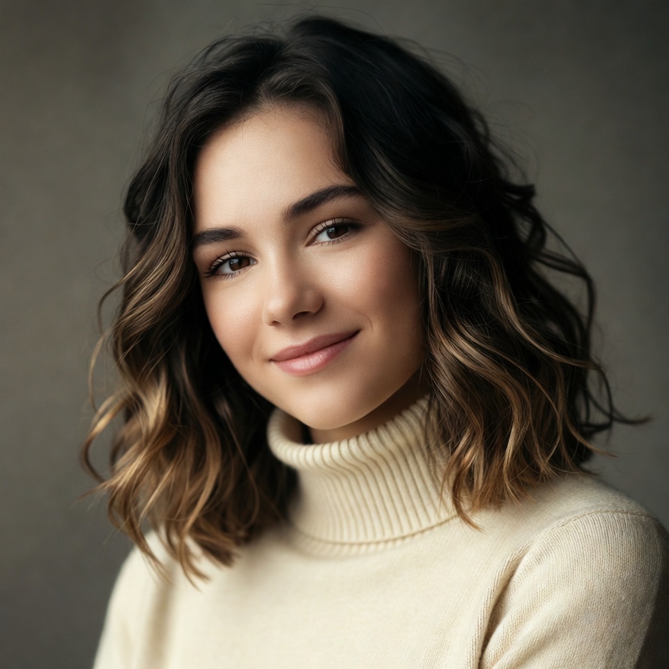 Smiling young woman in white turtleneck Smiling young woman in white turtleneck