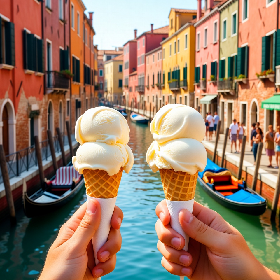 Hands Holding Ice Cream Cones in Venice Canal Hands Holding Ice Cream Cones in Venice Canal