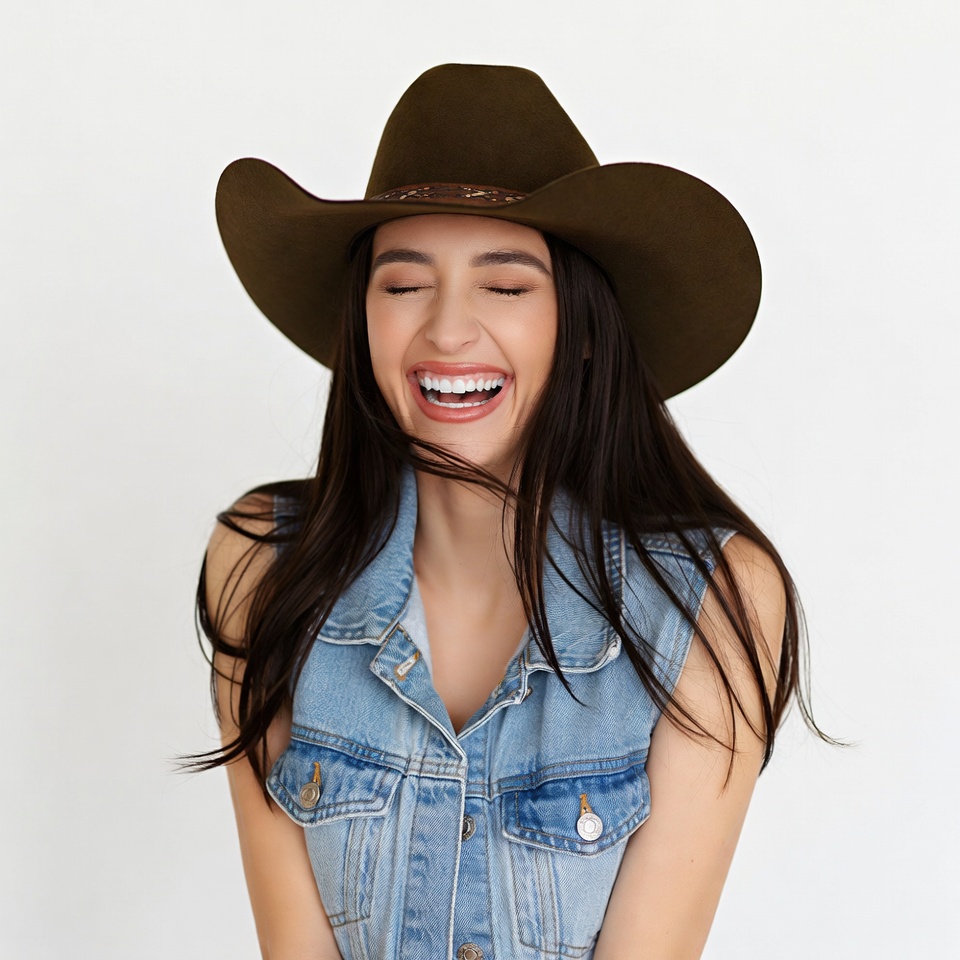 Woman laughing in cowboy hat Woman laughing in cowboy hat