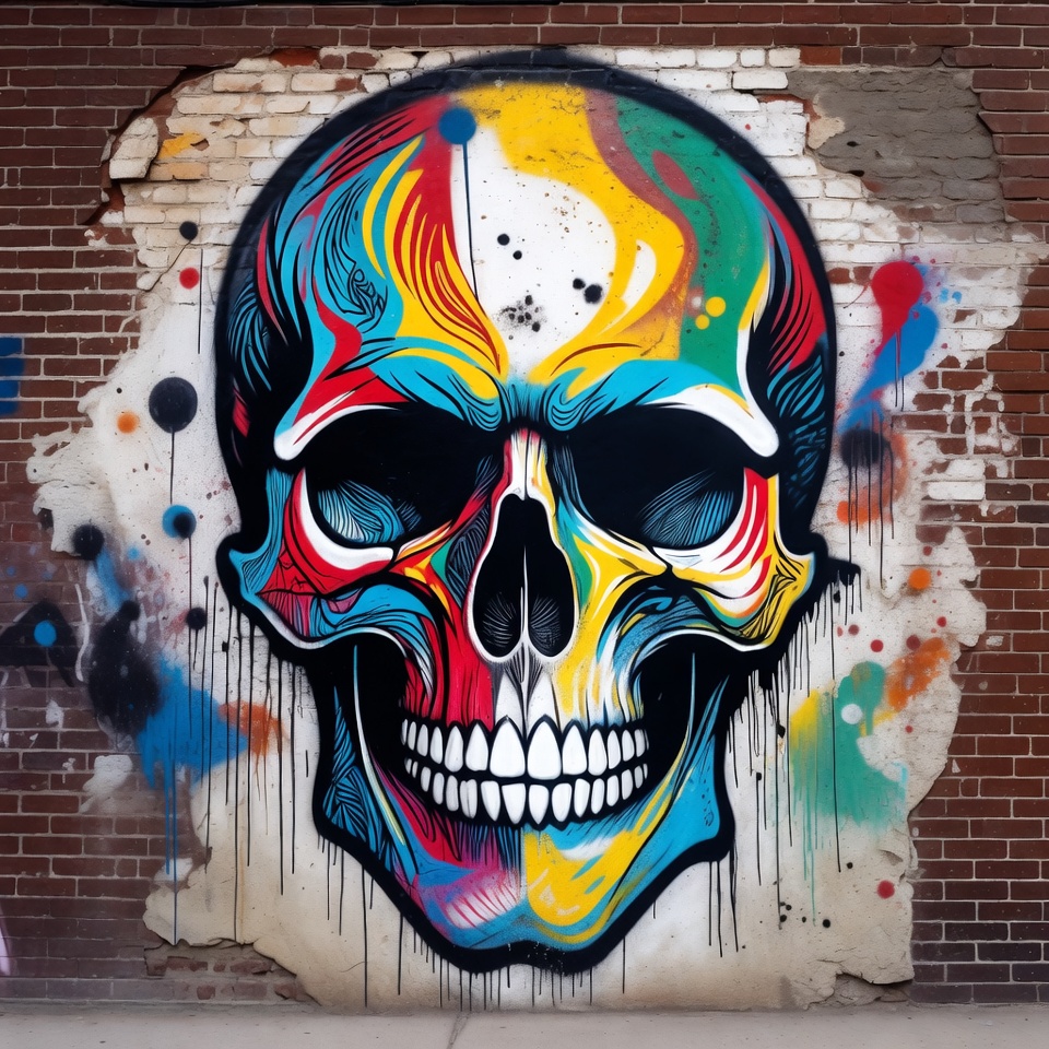 Colorful Graffiti Skull on Brick Wall Colorful Graffiti Skull on Brick Wall