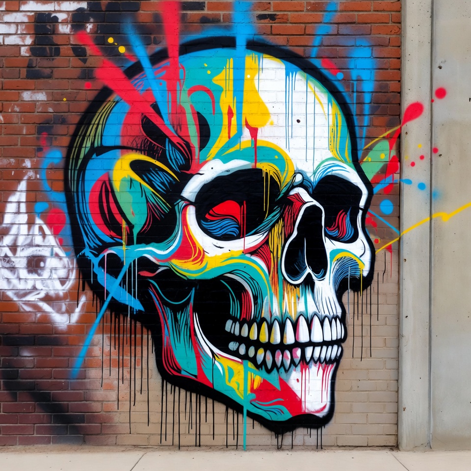 Colorful Graffiti Skull on Brick Wall Colorful Graffiti Skull on Brick Wall