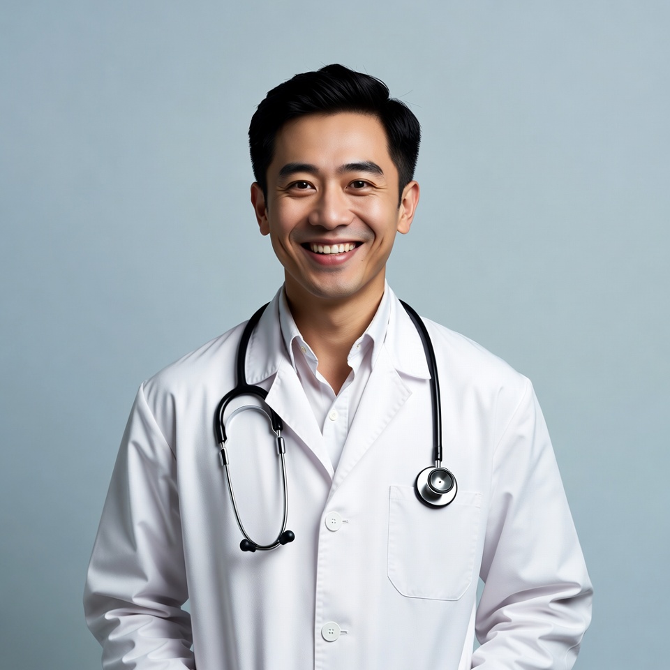 Asian male doctor smiling with stethoscope Asian male doctor smiling with stethoscope