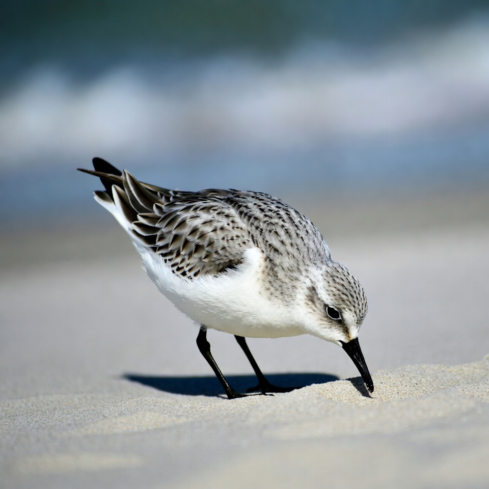 Sanderling foraging on beach sand Sanderling foraging on beach sand