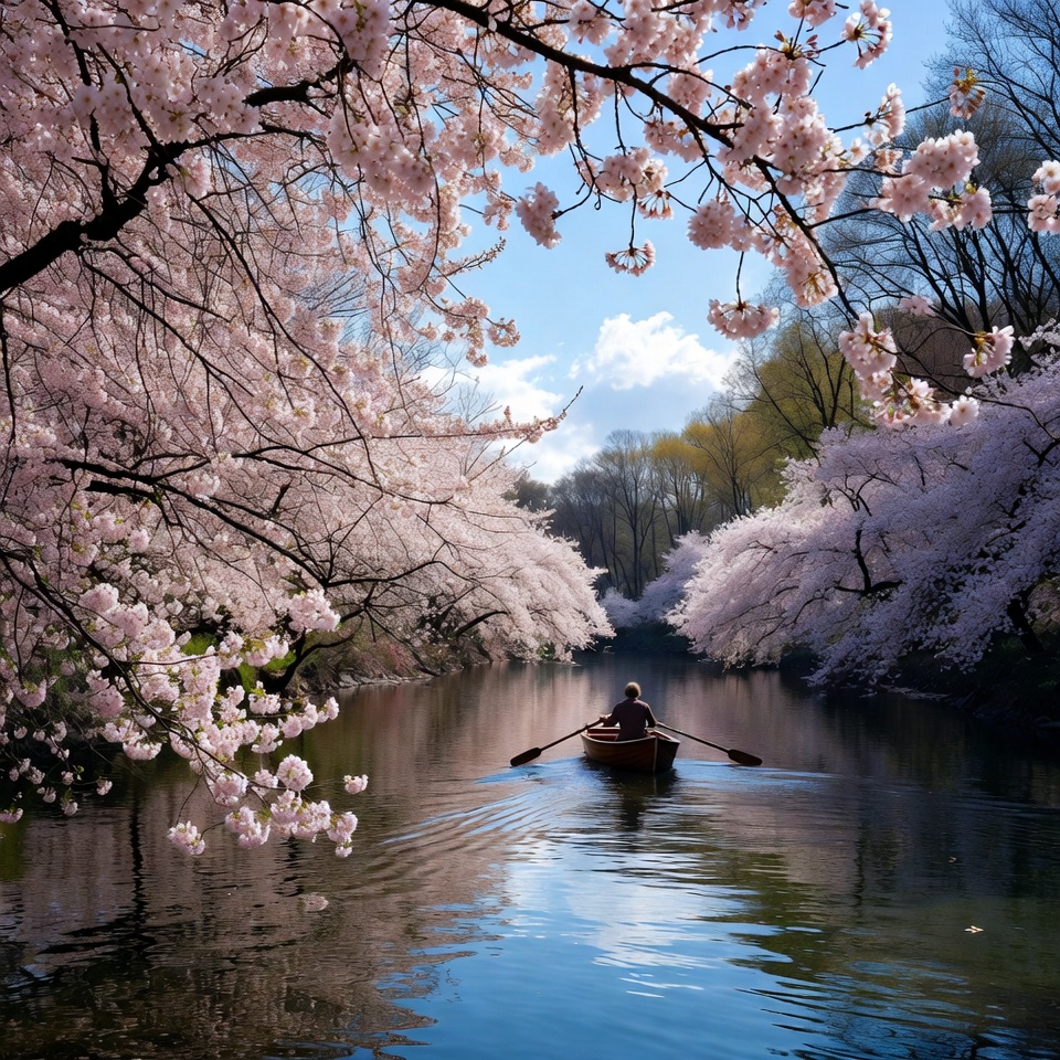 Man rowing boat under cherry blossoms Man rowing boat under cherry blossoms