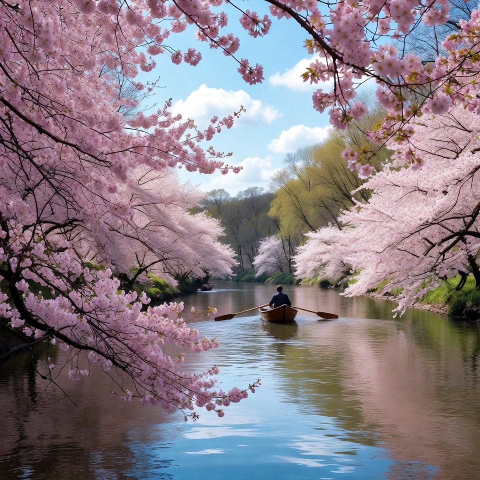 Man rowing boat under cherry blossoms Man rowing boat under cherry blossoms