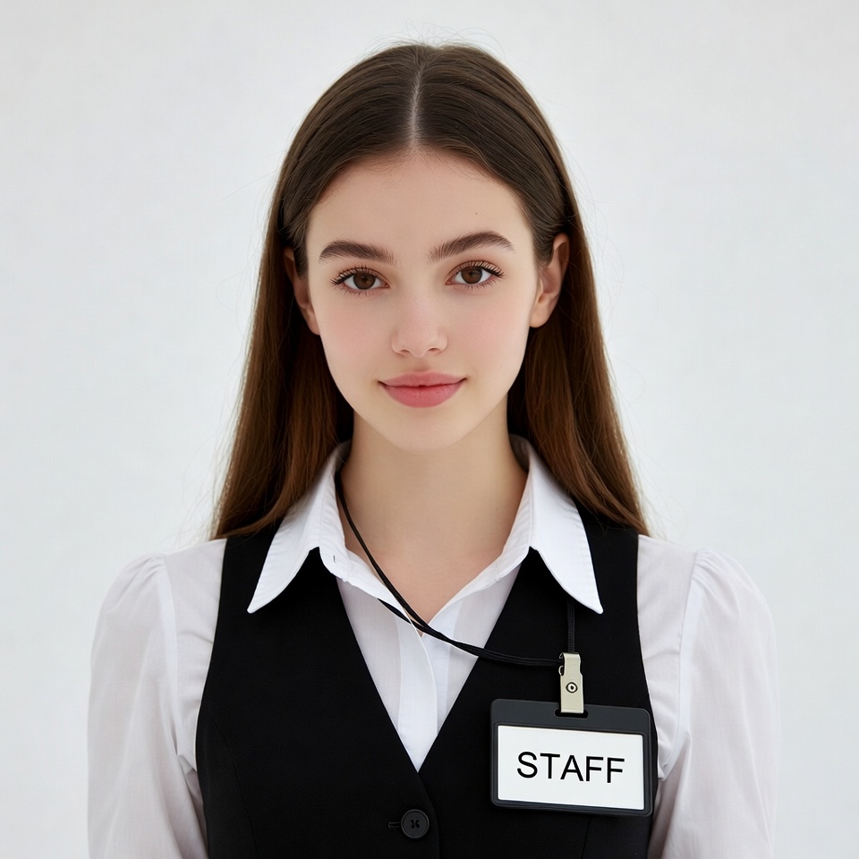 Young woman wearing staff badge Young woman wearing staff badge