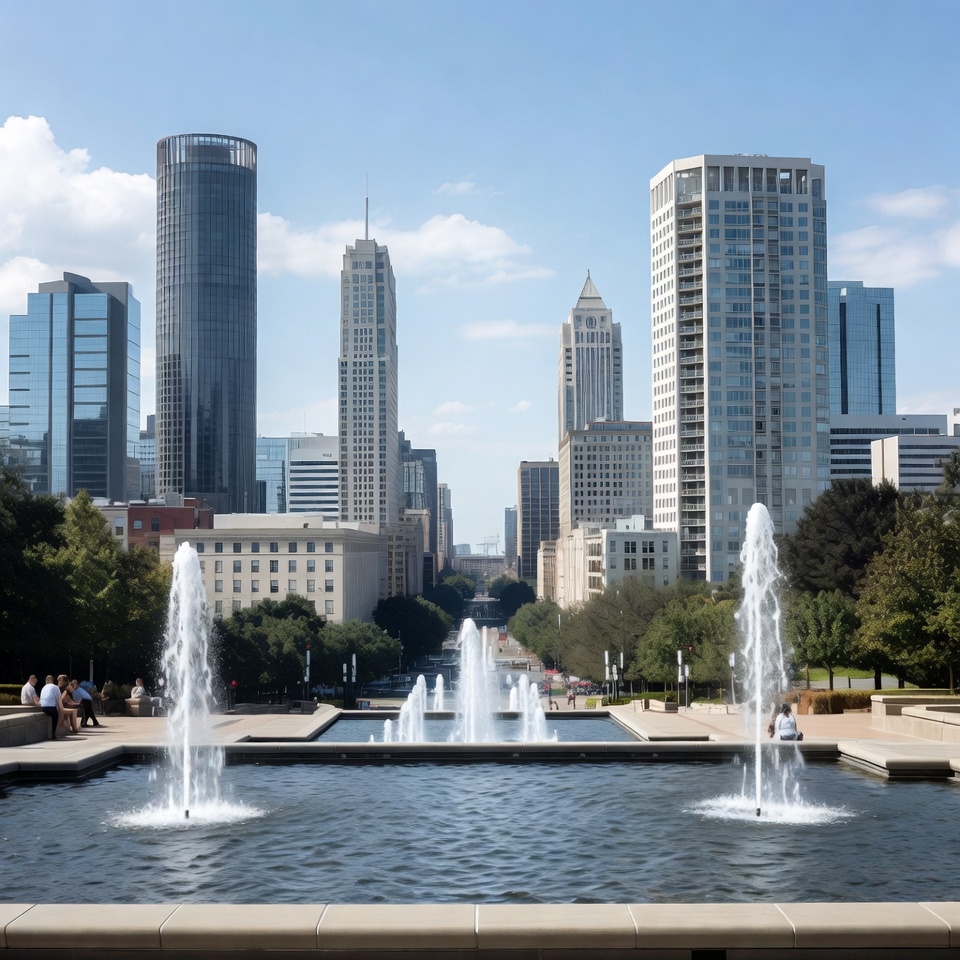 Fountain with Skyscrapers in City Plaza Fountain with Skyscrapers in City Plaza