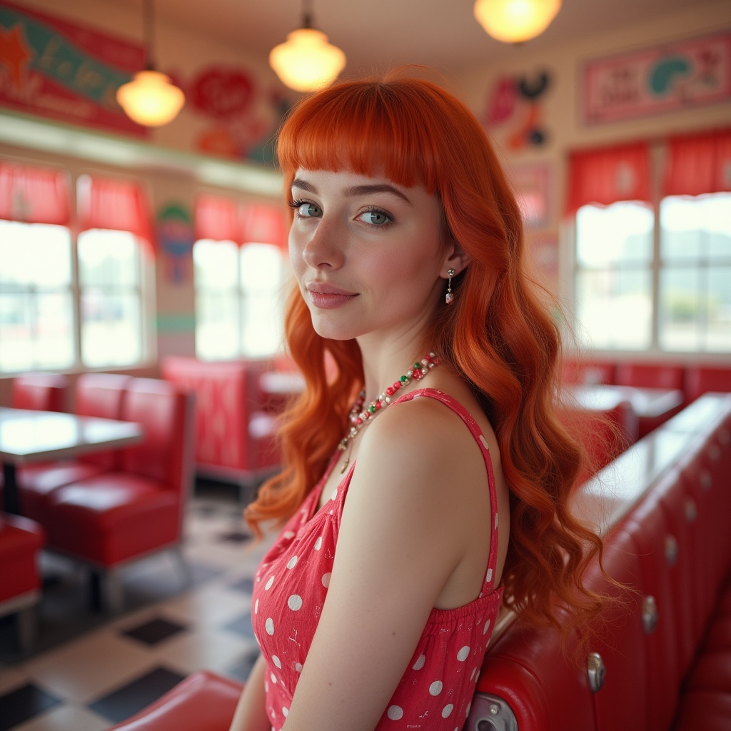 Redhead woman in retro diner Redhead woman in retro diner