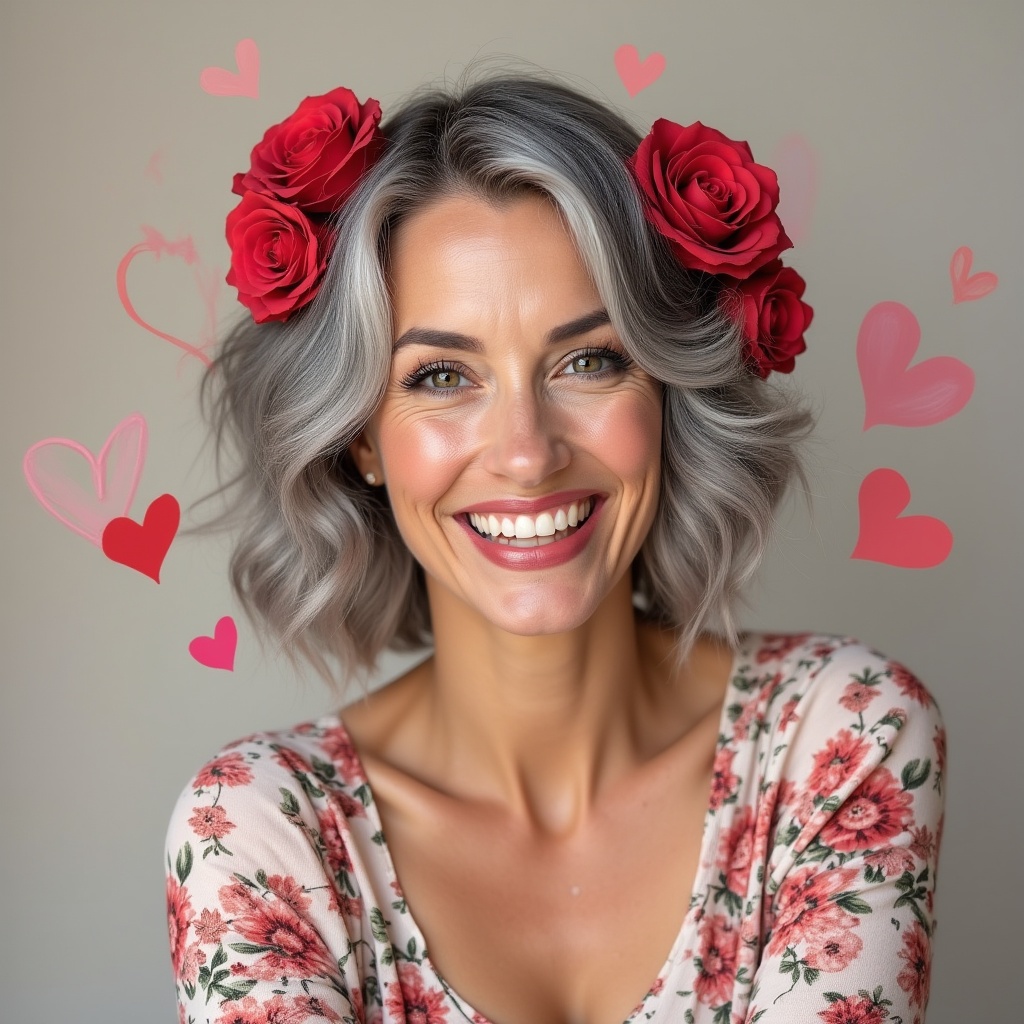 Smiling woman with red roses in silver hair Smiling woman with red roses in silver hair