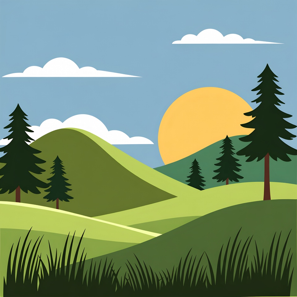 Sunny Landscape with Pine Trees and Hills Sunny Landscape with Pine Trees and Hills