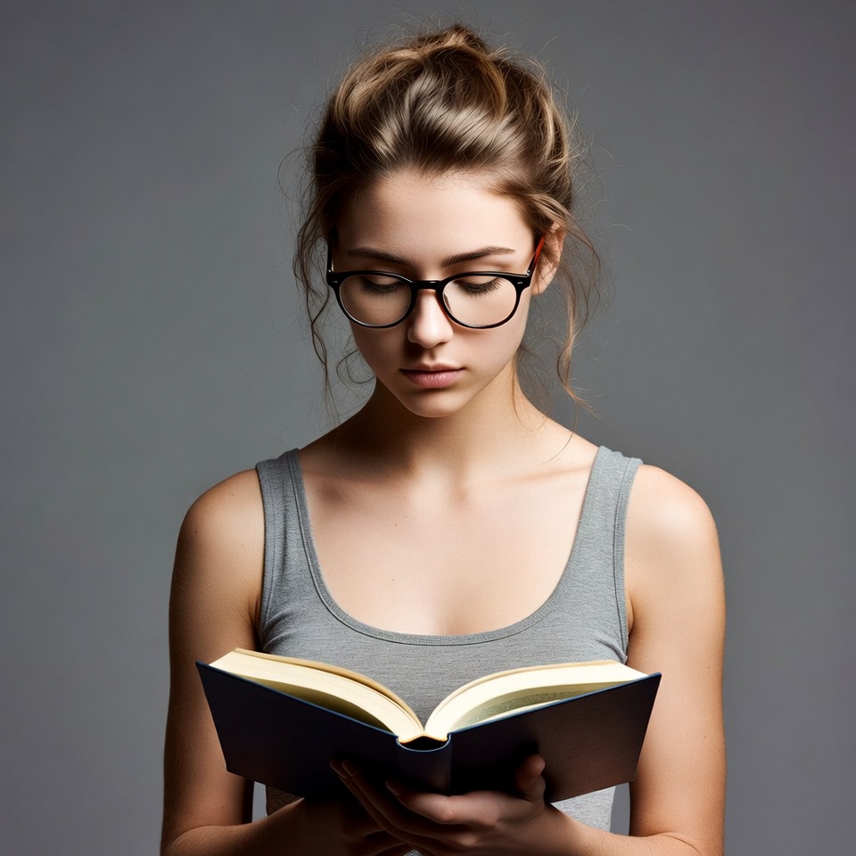 Young woman reading book with glasses Young woman reading book with glasses