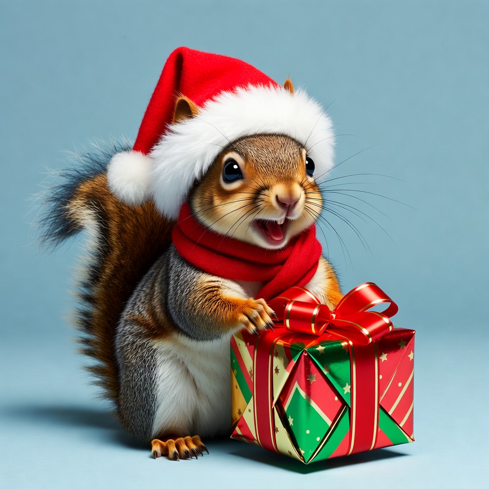 Squirrel in Santa hat holding Christmas gift Squirrel in Santa hat holding Christmas gift