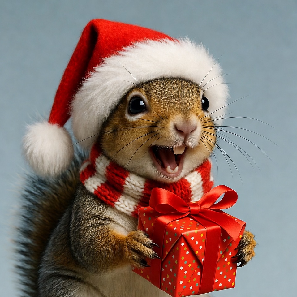 Squirrel in Santa hat holding gift Squirrel in Santa hat holding gift