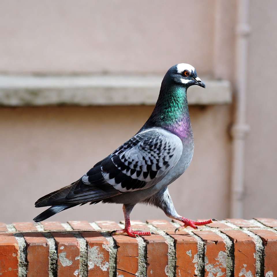 Iridescent pigeon walking on brick wall Iridescent pigeon walking on brick wall