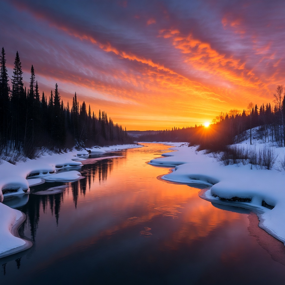 Winter River Sunset with Snowy Trees Winter River Sunset with Snowy Trees