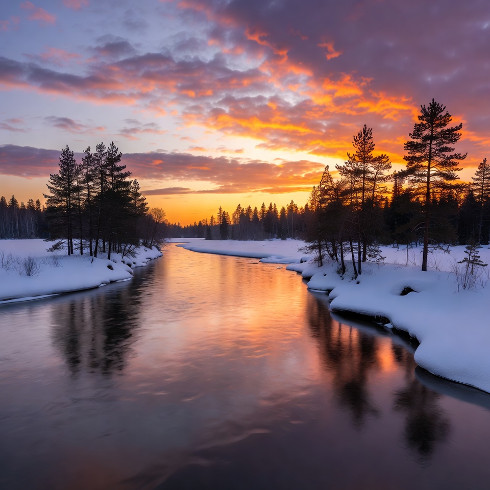 Winter River Sunset with Snowy Pine Trees Winter River Sunset with Snowy Pine Trees